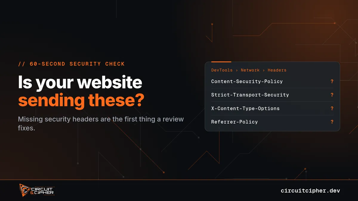Banner: “Is your website sending these?” listing Content-Security-Policy, Strict-Transport-Security, X-Content-Type-Options and Referrer-Policy.